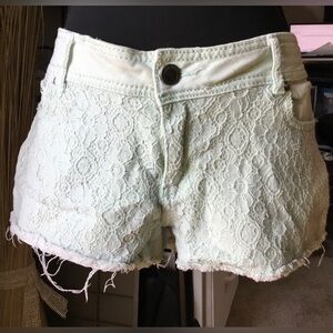 1st Kiss Mint Green Lace Distressed Jean Shorts